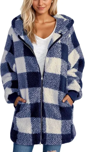 Plus Size Sherpa Jacket Women Plaid Oversized Fleece Full Zip Cardigan Sweater Comfy Fuzzy Winter Coat Hooded Outwear