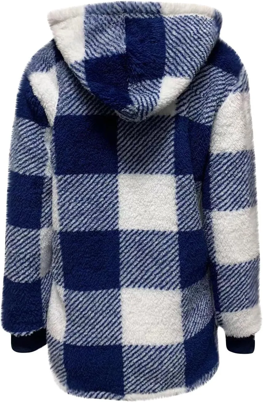 Plus Size Sherpa Jacket Women Plaid Oversized Fleece Full Zip Cardigan Sweater Comfy Fuzzy Winter Coat Hooded Outwear
