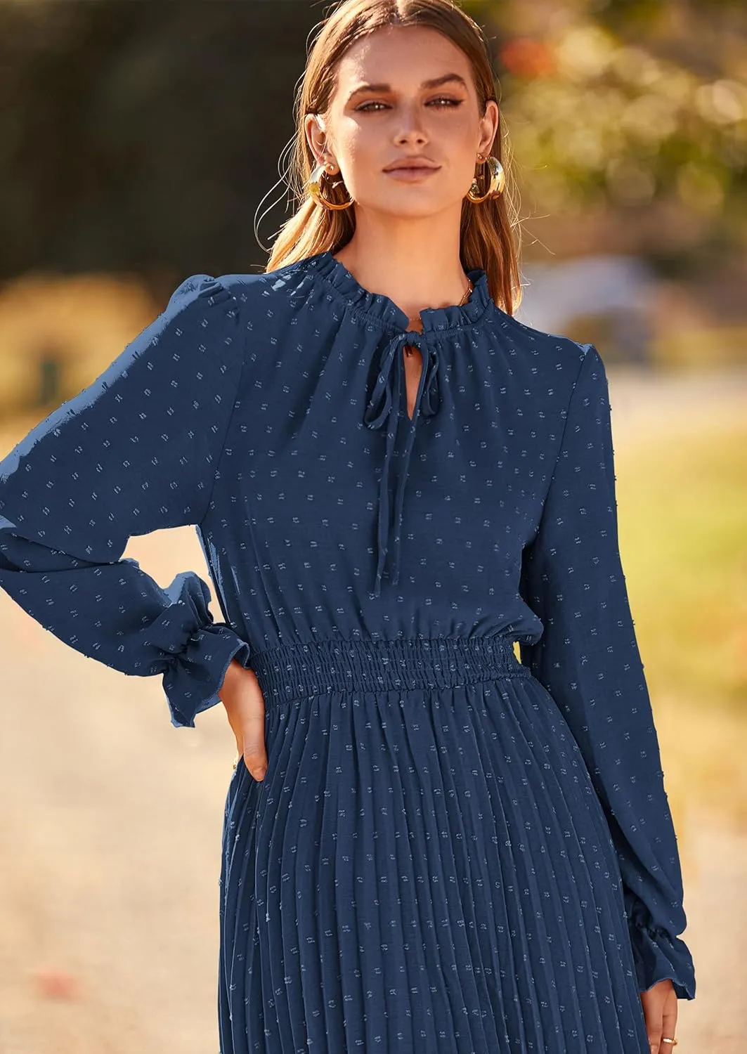 PRETTYGARDEN Women's 2025 Spring Fall Midi Dress Casual Long Sleeve V Neck Swiss Dot Pleated A Line Flowy Dresses