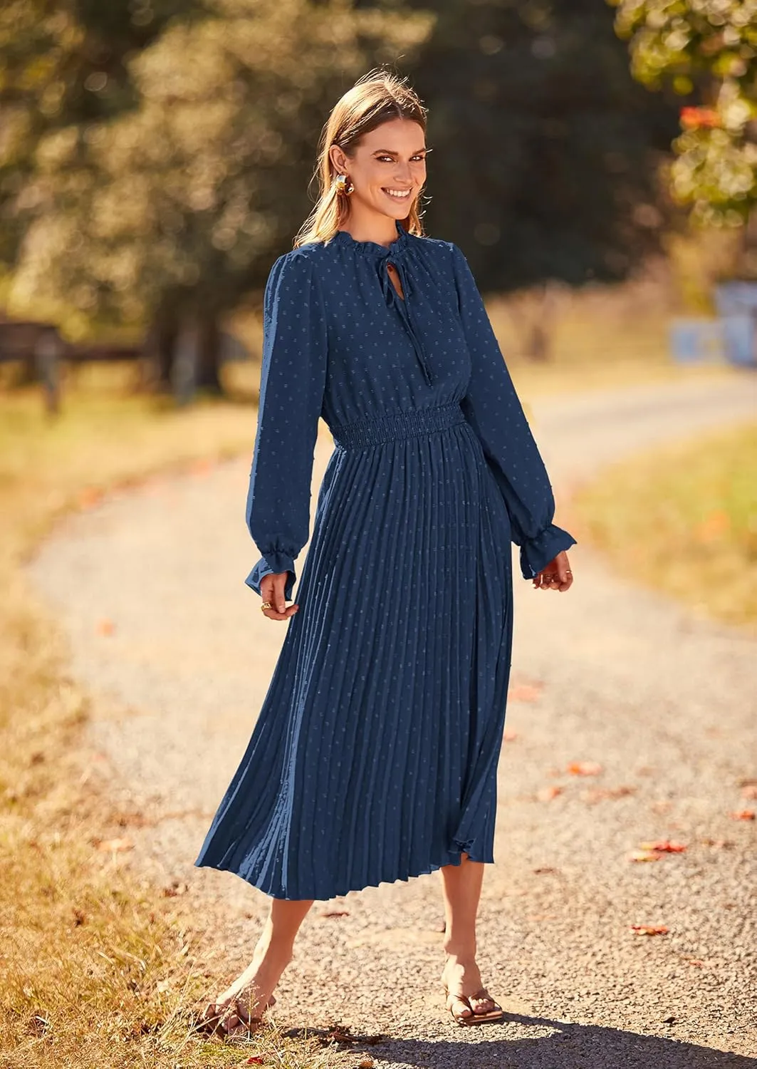 PRETTYGARDEN Women's 2025 Spring Fall Midi Dress Casual Long Sleeve V Neck Swiss Dot Pleated A Line Flowy Dresses