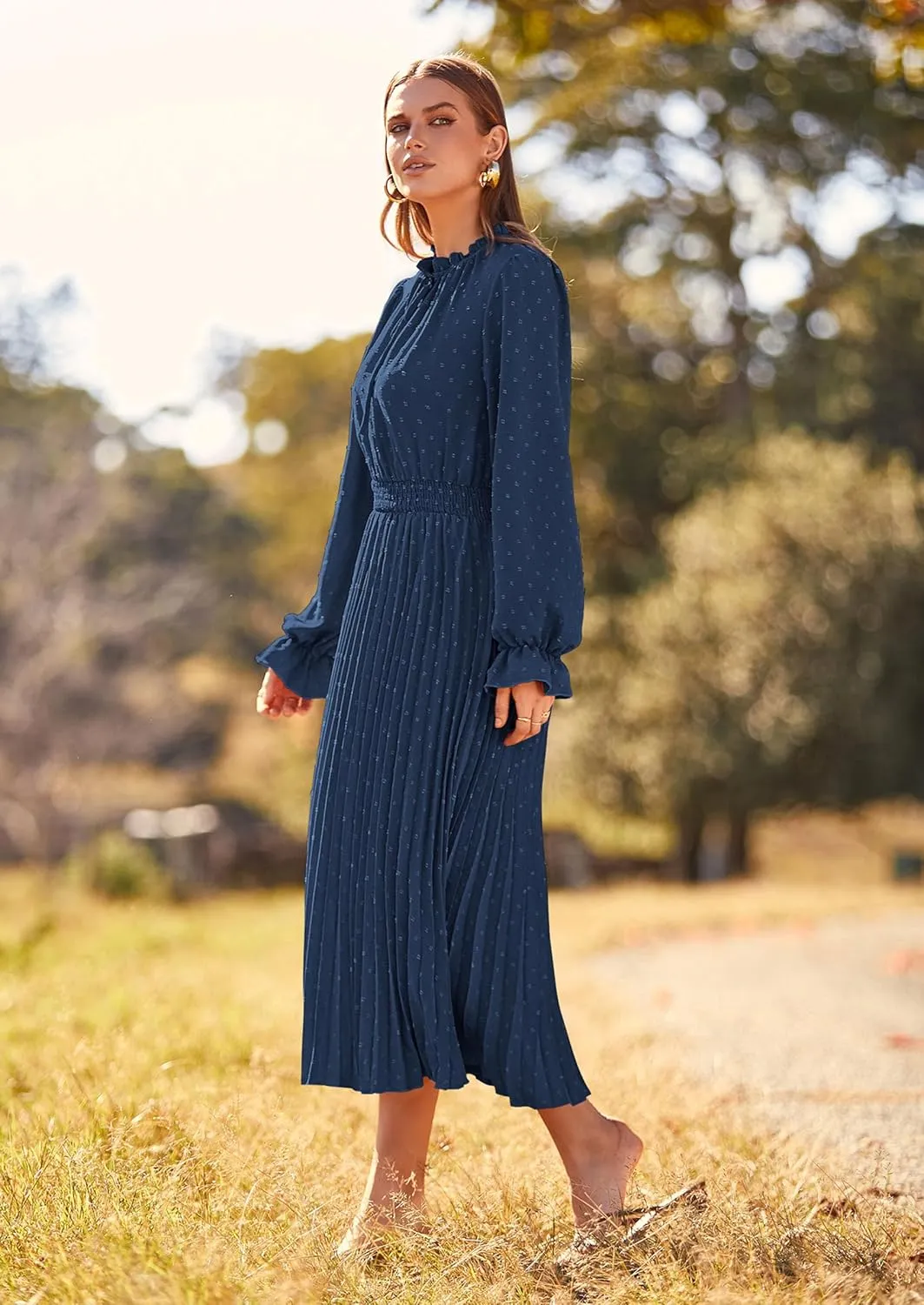PRETTYGARDEN Women's 2025 Spring Fall Midi Dress Casual Long Sleeve V Neck Swiss Dot Pleated A Line Flowy Dresses