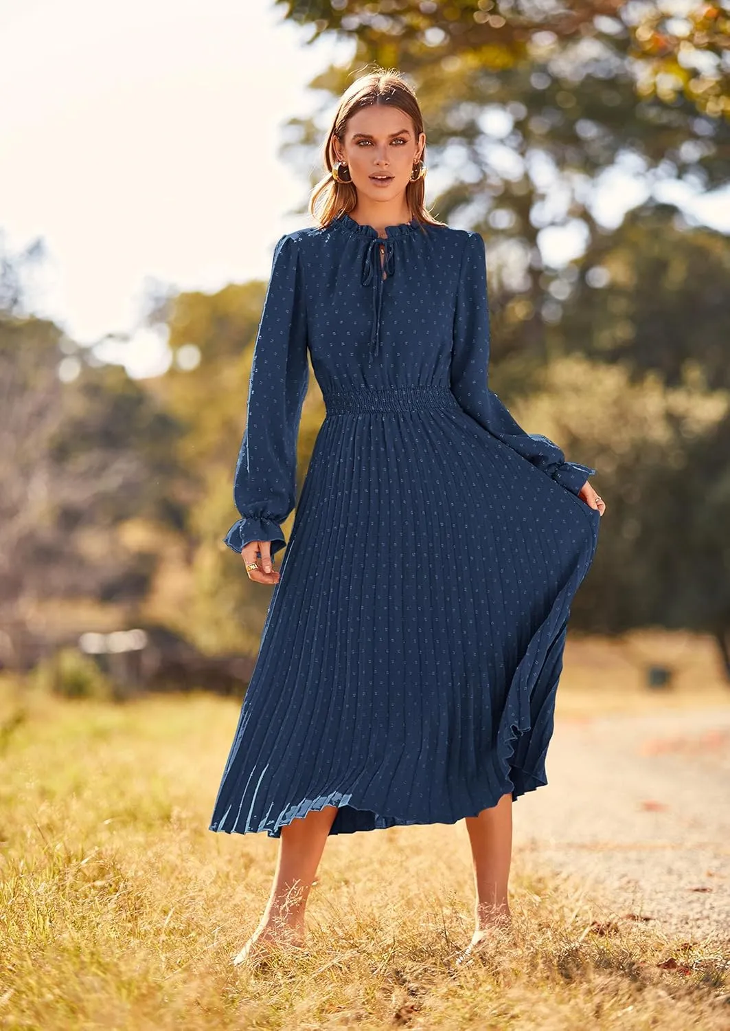 PRETTYGARDEN Women's 2025 Spring Fall Midi Dress Casual Long Sleeve V Neck Swiss Dot Pleated A Line Flowy Dresses