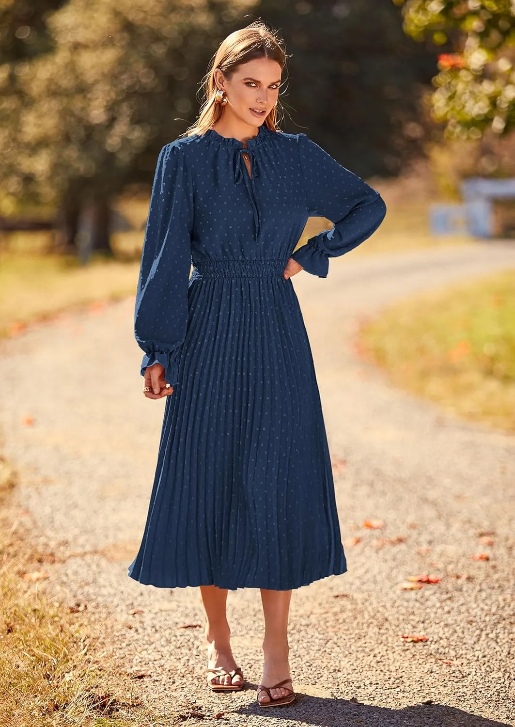 PRETTYGARDEN Women's 2025 Spring Fall Midi Dress Casual Long Sleeve V Neck Swiss Dot Pleated A Line Flowy Dresses