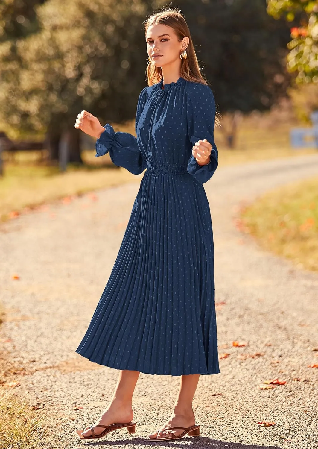 PRETTYGARDEN Women's 2025 Spring Fall Midi Dress Casual Long Sleeve V Neck Swiss Dot Pleated A Line Flowy Dresses