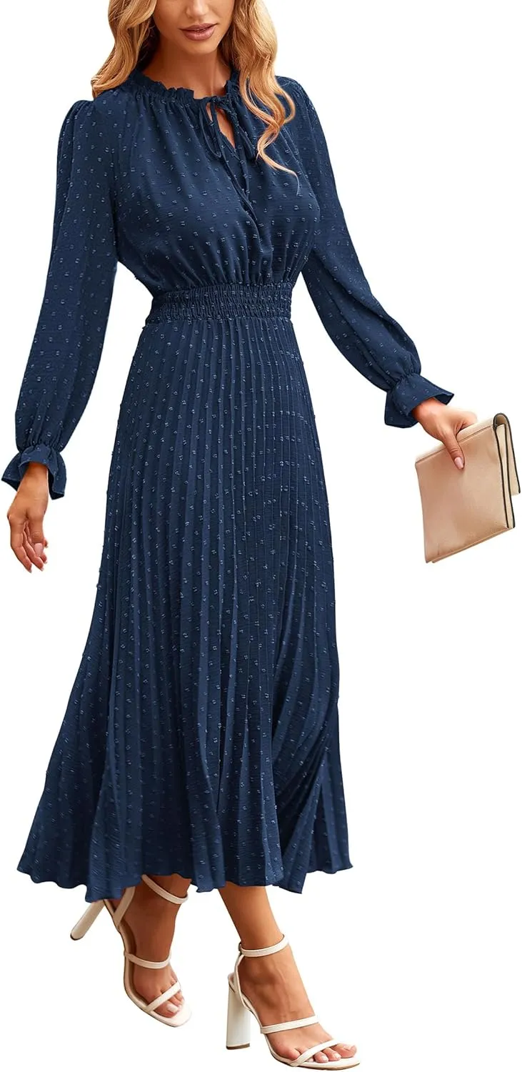 PRETTYGARDEN Women's 2025 Spring Fall Midi Dress Casual Long Sleeve V Neck Swiss Dot Pleated A Line Flowy Dresses