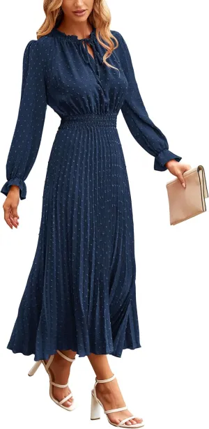 PRETTYGARDEN Women's 2025 Spring Fall Midi Dress Casual Long Sleeve V Neck Swiss Dot Pleated A Line Flowy Dresses