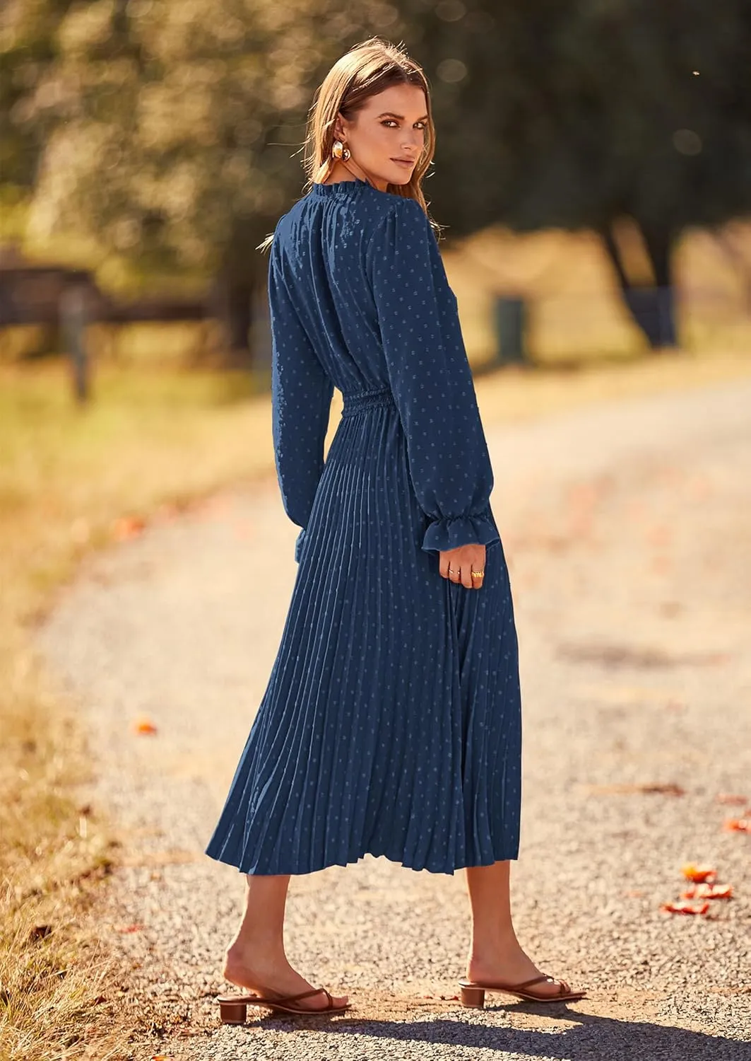 PRETTYGARDEN Women's 2025 Spring Fall Midi Dress Casual Long Sleeve V Neck Swiss Dot Pleated A Line Flowy Dresses