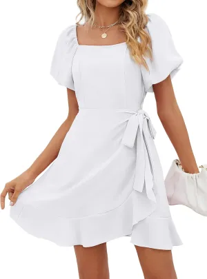 SAMPEEL Womens Summer Dresses Square Neck Puff Sleeve Tie Waist Short Dress