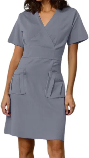 Scrub Dresses for Women Short Sleeve V Neck Working Wrap Dress Solid Color Knee Length Dresses with Pockets