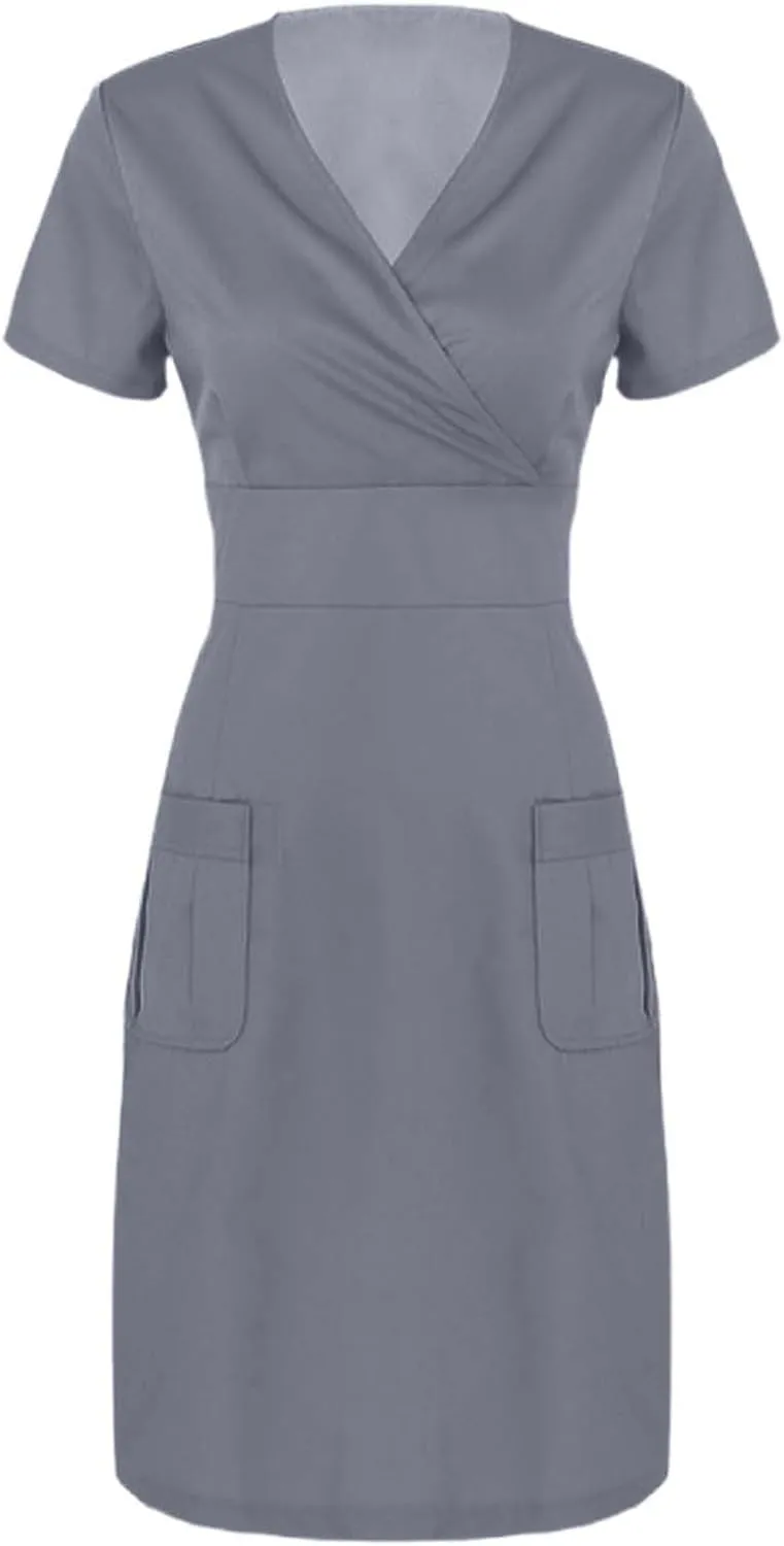 Scrub Dresses for Women Short Sleeve V Neck Working Wrap Dress Solid Color Knee Length Dresses with Pockets