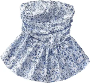 SHENHE Women's Floral Strapless Top Ruched Smocked Ruffle Hem Tube Top Cute Boho Top