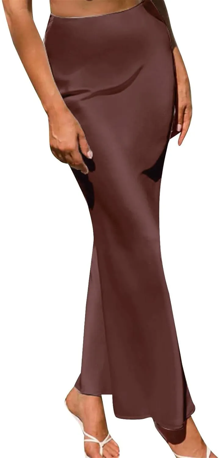 Skirts for Women Maxi Satin High Waisted Elastic Skirts Elegant Bodycon A-Line Solid Color Silk Skirt for Summer 2025