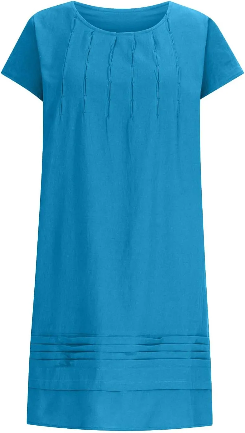 Vintage Summer Cotton Linen Dress for Women Casual Short Sleeve Ruched T Shirts Dress Loose Fit A-Line Beach Sundress