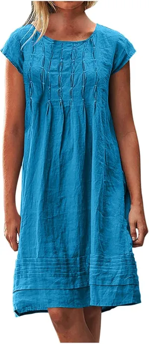 Vintage Summer Cotton Linen Dress for Women Casual Short Sleeve Ruched T Shirts Dress Loose Fit A-Line Beach Sundress