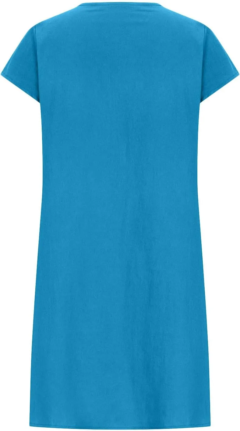 Vintage Summer Cotton Linen Dress for Women Casual Short Sleeve Ruched T Shirts Dress Loose Fit A-Line Beach Sundress