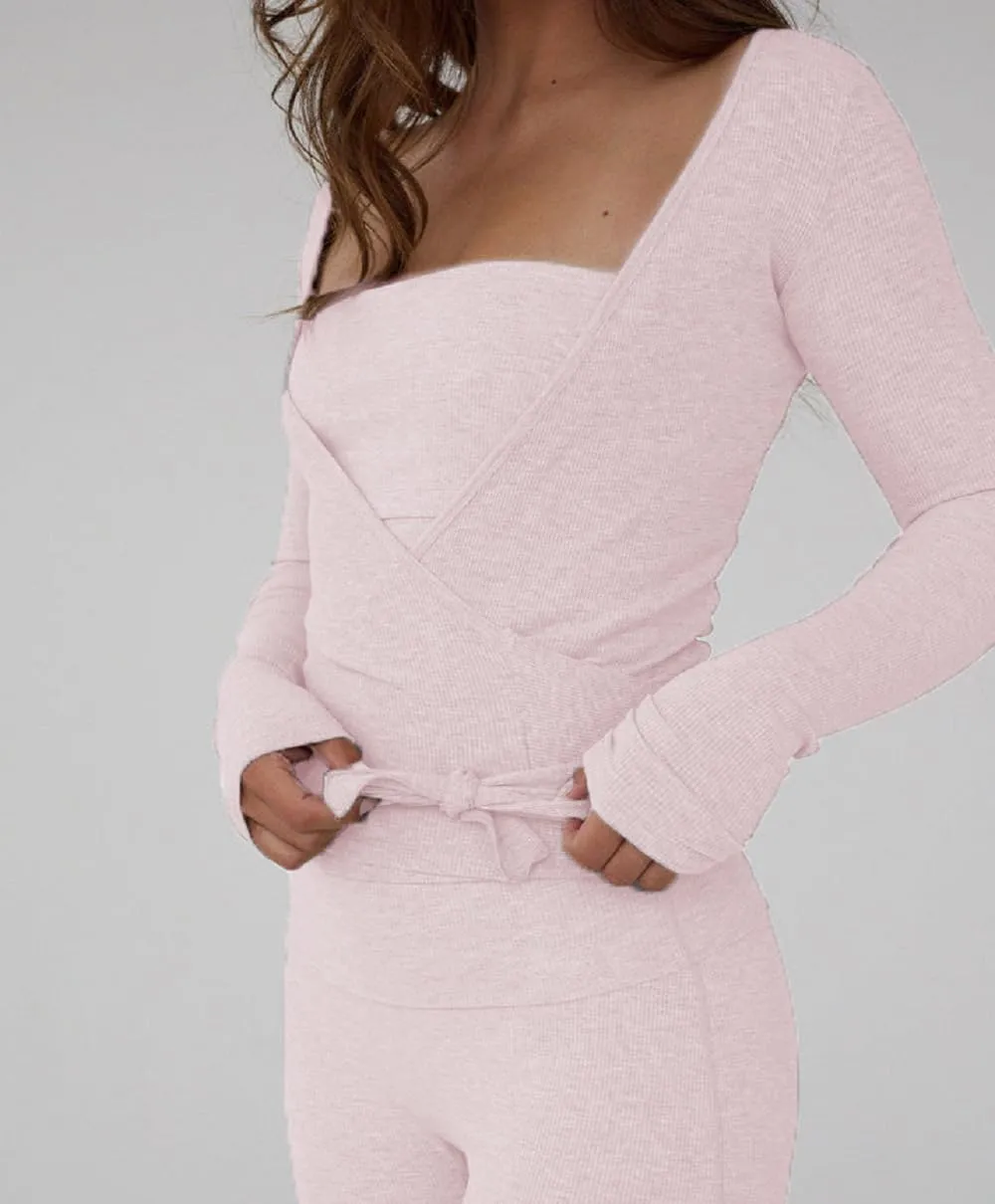 Women Ballet Wrap Top Deep V Neck Cross Wrap Crop Top Slim Fit Tie Front Long Sleeve Workout Yoga Shirt Coquette Blouse