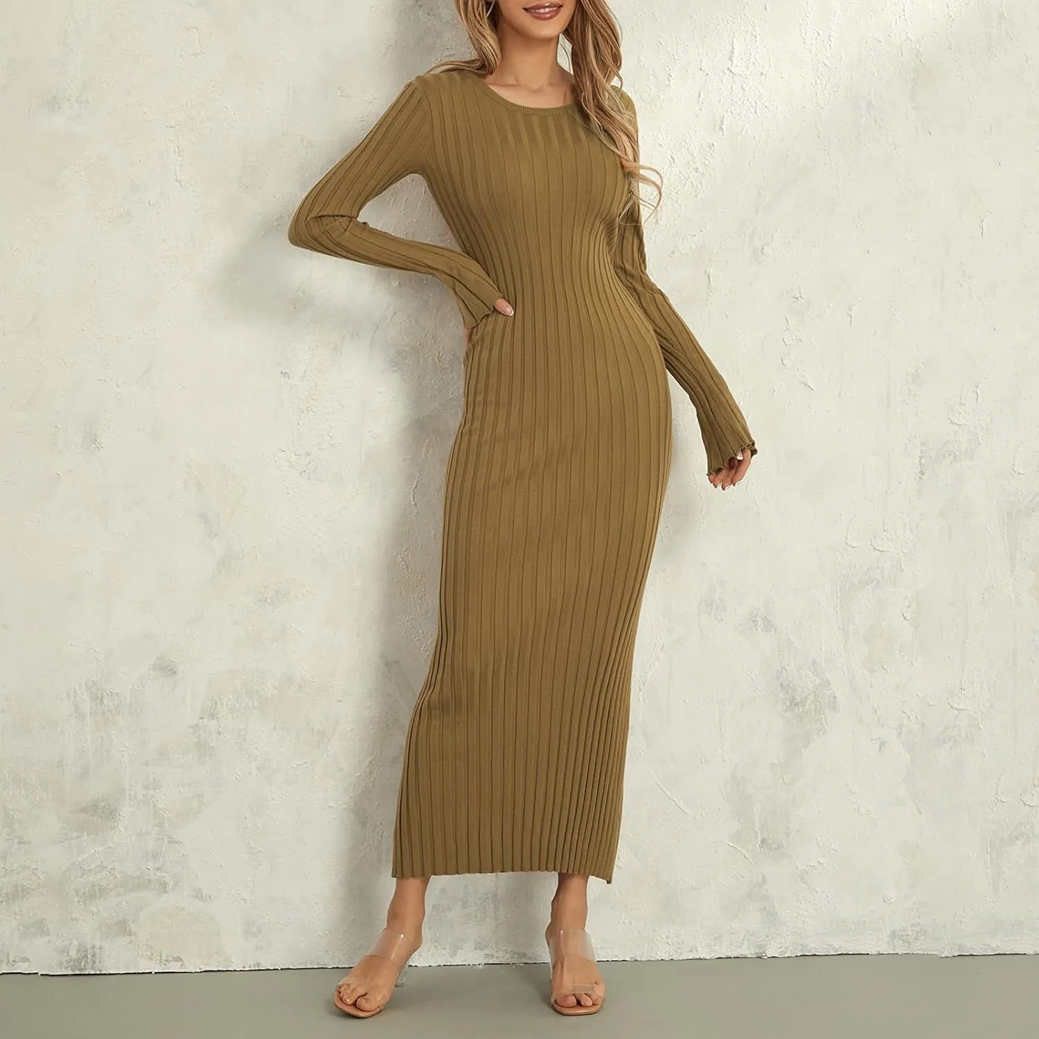 Women Bell Long Sleeve Knit Maxi Dress Crewneck Ribbed Bodycon Long Dress Slim Fit Y2K Sweater Dress Streetwear