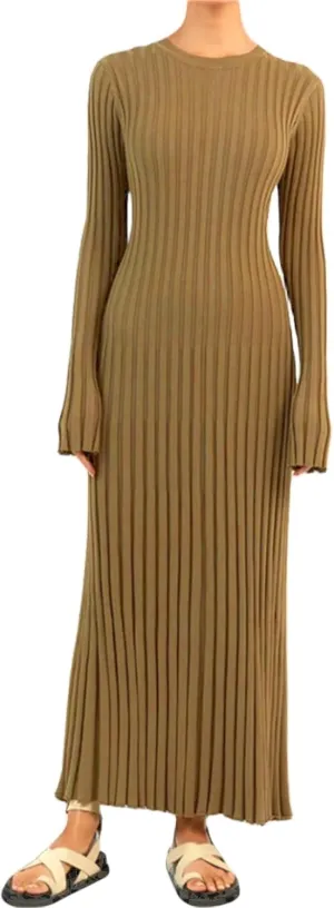 Women Bell Long Sleeve Knit Maxi Dress Crewneck Ribbed Bodycon Long Dress Slim Fit Y2K Sweater Dress Streetwear