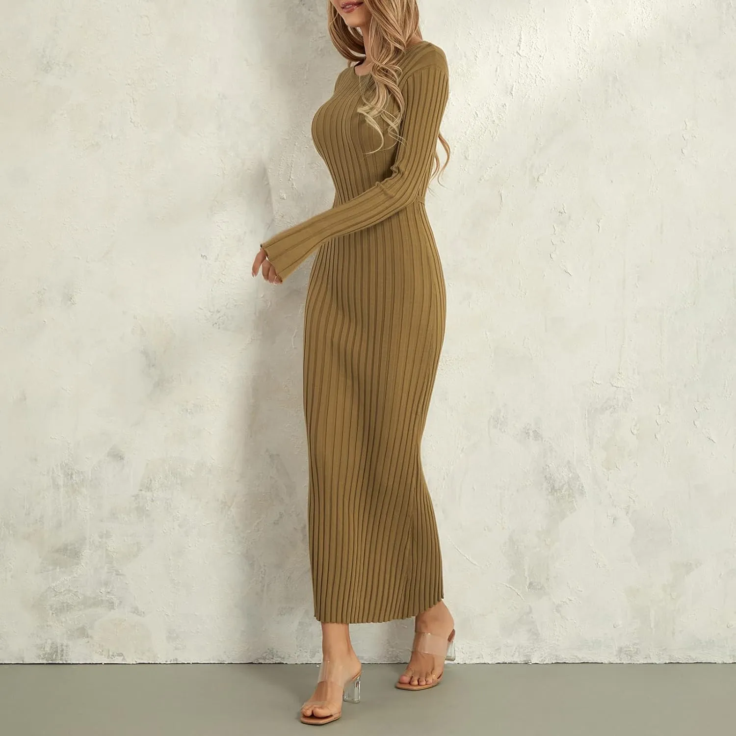 Women Bell Long Sleeve Knit Maxi Dress Crewneck Ribbed Bodycon Long Dress Slim Fit Y2K Sweater Dress Streetwear