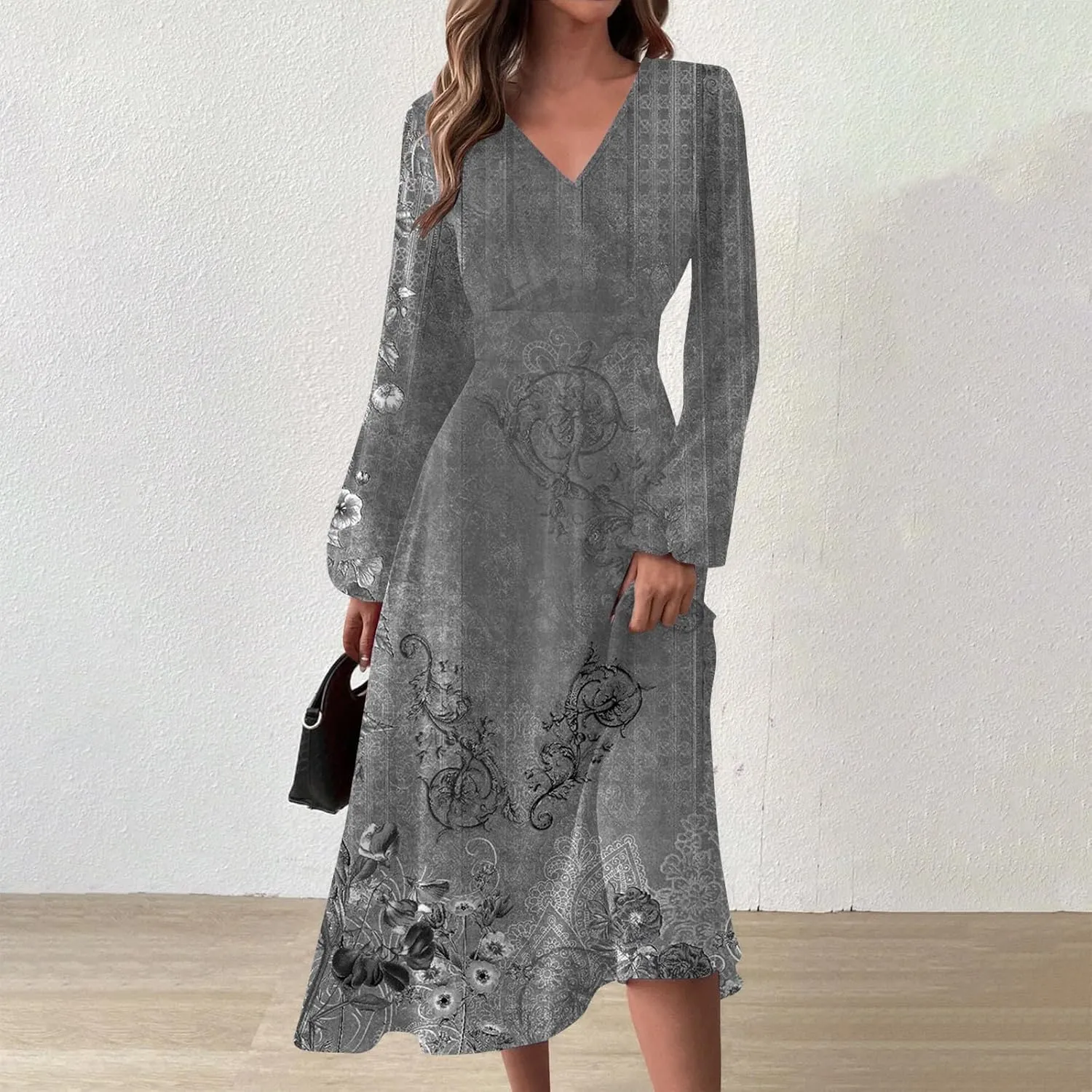 Women Dresses,Women's Floral Print Boho Dress Long Sleeve Wrap V Neck Ruffle Belted A-Line Flowy Maxi Dresses