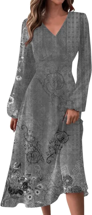 Women Dresses,Women's Floral Print Boho Dress Long Sleeve Wrap V Neck Ruffle Belted A-Line Flowy Maxi Dresses