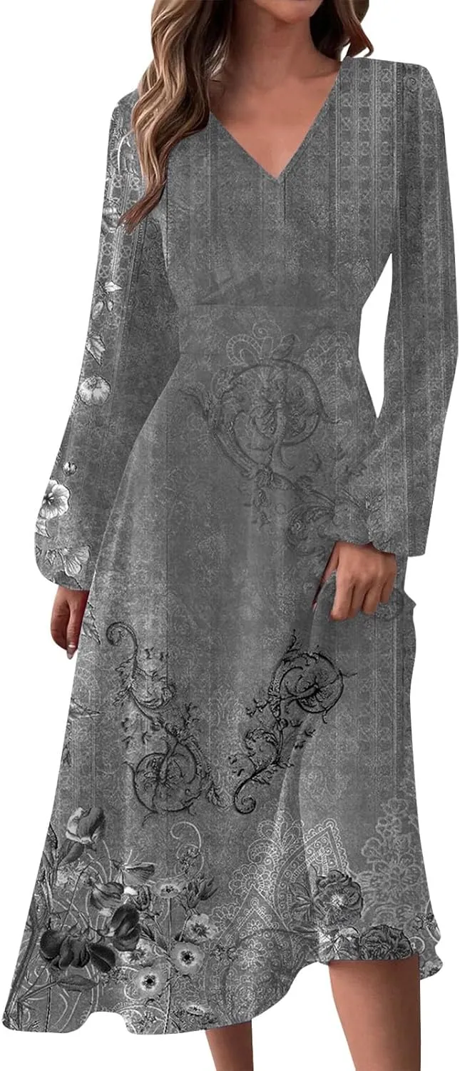 Women Dresses,Women's Floral Print Boho Dress Long Sleeve Wrap V Neck Ruffle Belted A-Line Flowy Maxi Dresses
