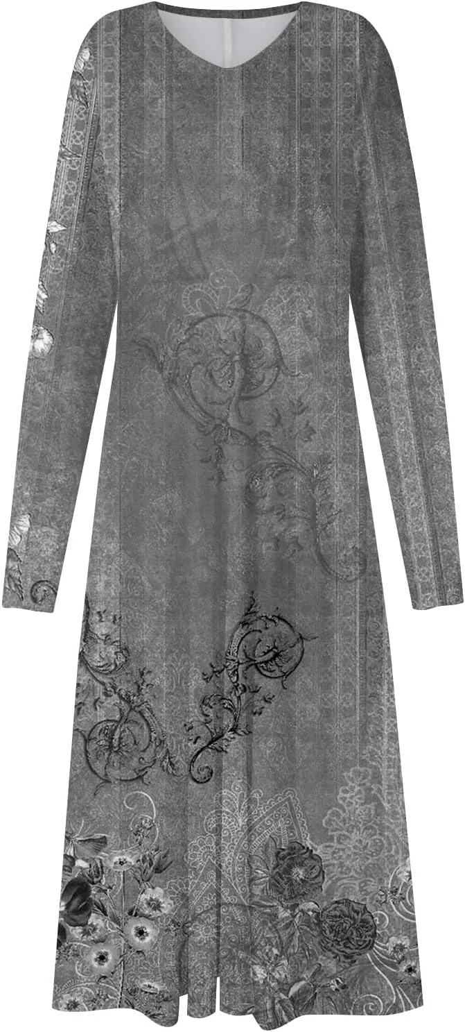 Women Dresses,Women's Floral Print Boho Dress Long Sleeve Wrap V Neck Ruffle Belted A-Line Flowy Maxi Dresses