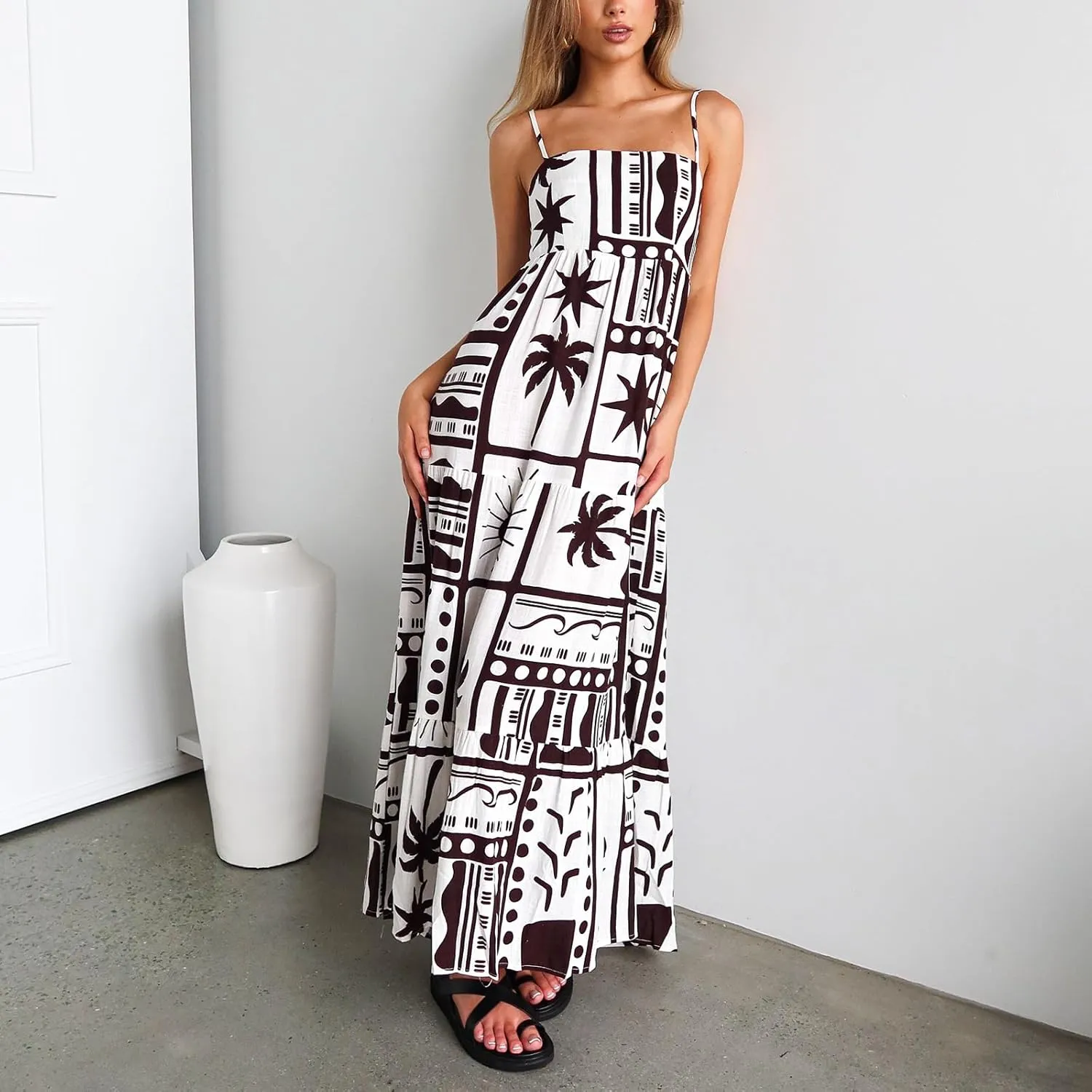 Women Floral Boho Maxi Dress Graphic Spaghetti Strap Long Dress Tiered Flowy Cami Dress Backless Beach Dress