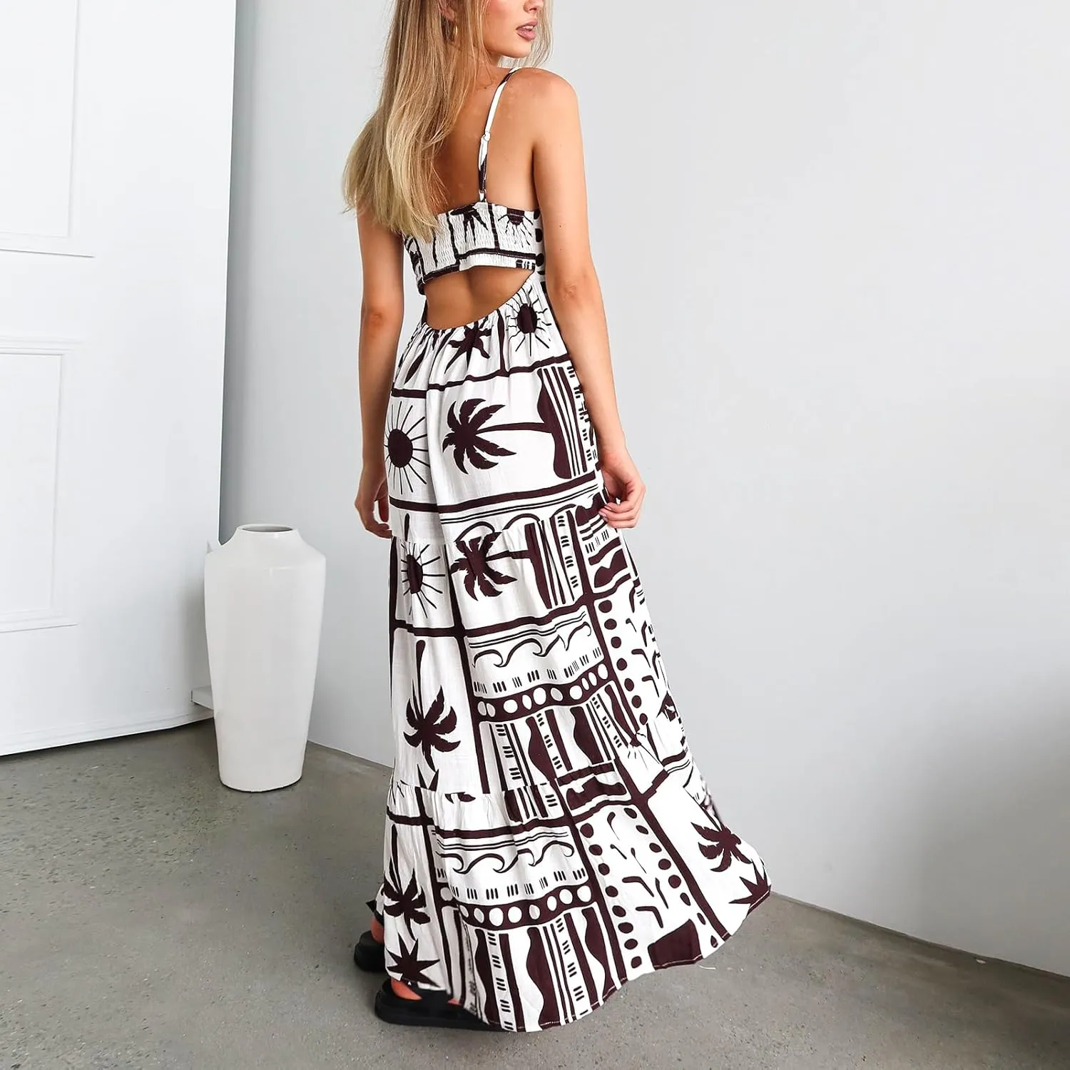 Women Floral Boho Maxi Dress Graphic Spaghetti Strap Long Dress Tiered Flowy Cami Dress Backless Beach Dress