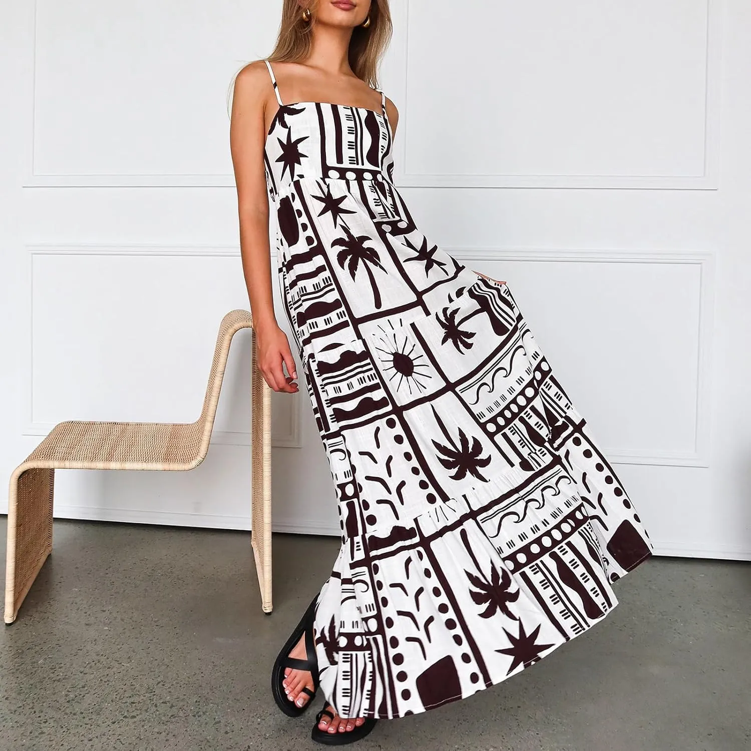 Women Floral Boho Maxi Dress Graphic Spaghetti Strap Long Dress Tiered Flowy Cami Dress Backless Beach Dress