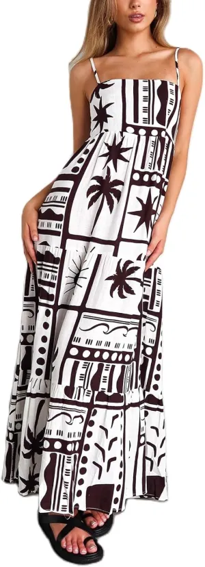 Women Floral Boho Maxi Dress Graphic Spaghetti Strap Long Dress Tiered Flowy Cami Dress Backless Beach Dress