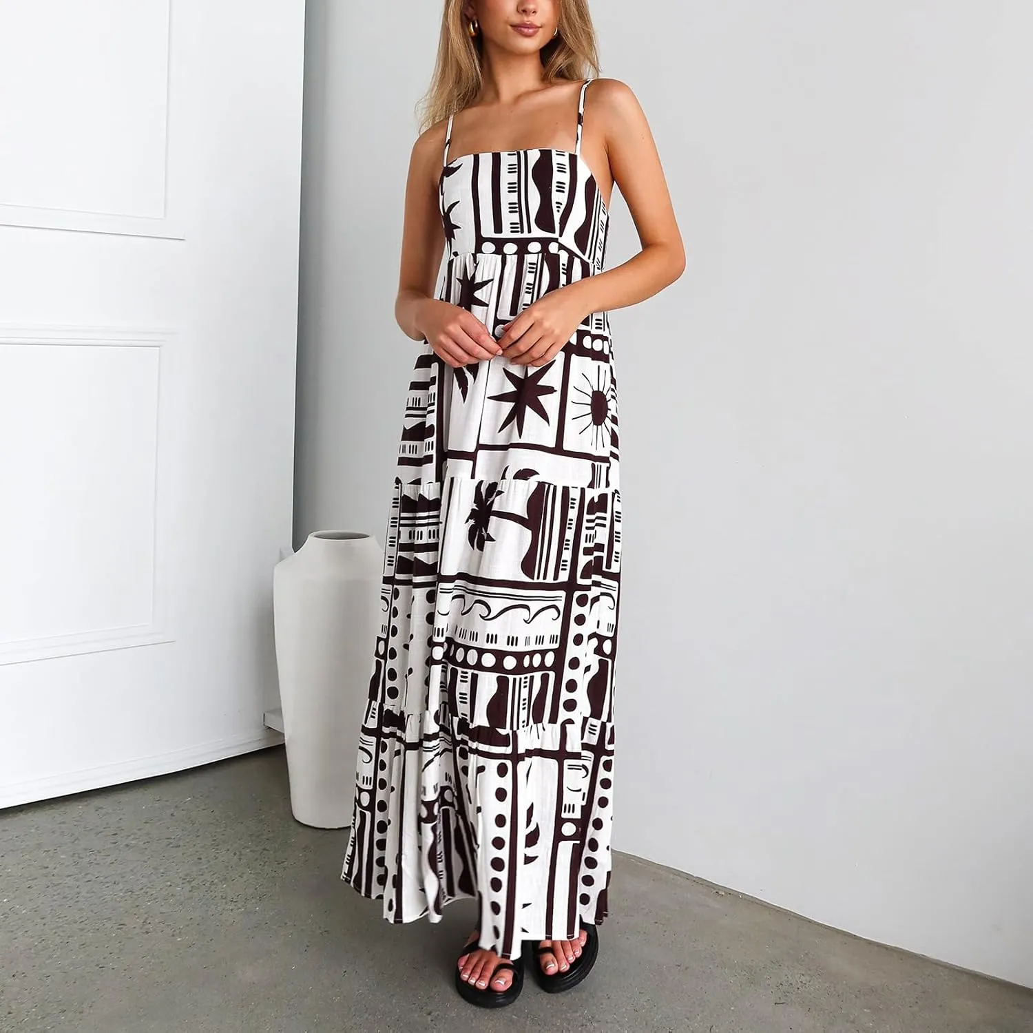 Women Floral Boho Maxi Dress Graphic Spaghetti Strap Long Dress Tiered Flowy Cami Dress Backless Beach Dress