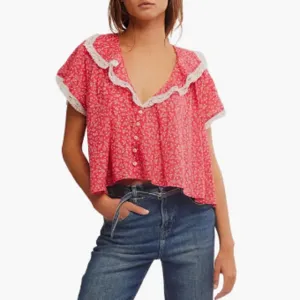 Women Floral Ruffle Short Sleeve Shirt Boho Lace Trim Crop Top Y2k Going Out Chiffon Blouse Summer Streetwear