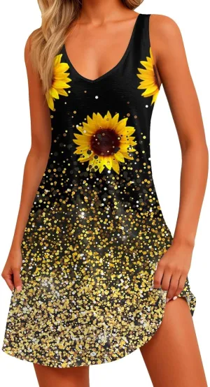 Women Summer Dresses Sleeveless Casual Dress with Pocket Vacation 2025 Swimsuit Coverup Beach Printed Sundress