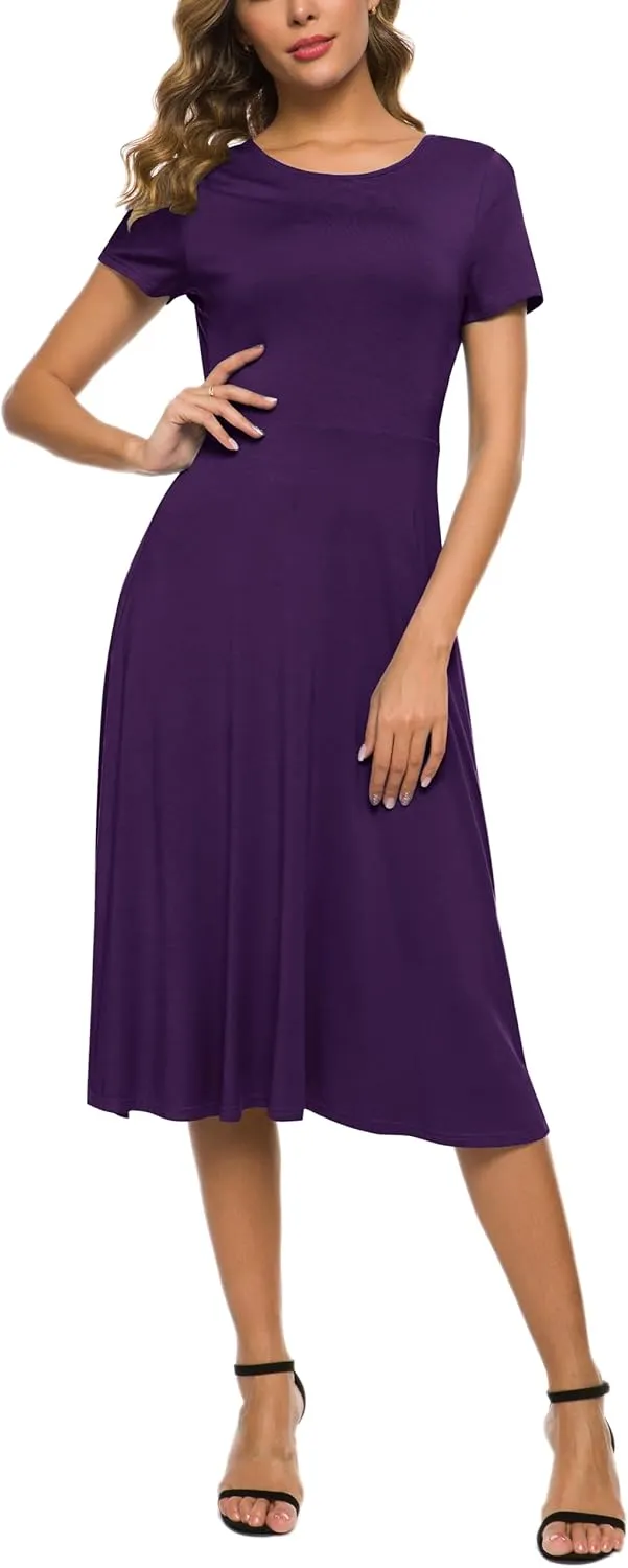 Women's Casual Round Neck Short Sleeve Midi Dress Solid Stretchy Waist Knee Long Dress