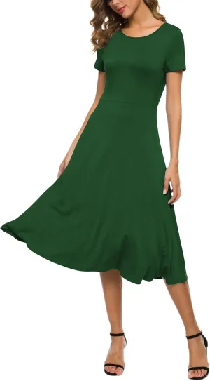 Women's Casual Round Neck Short Sleeve Midi Dress Solid Stretchy Waist Knee Long Dress