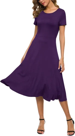 Women's Casual Round Neck Short Sleeve Midi Dress Solid Stretchy Waist Knee Long Dress