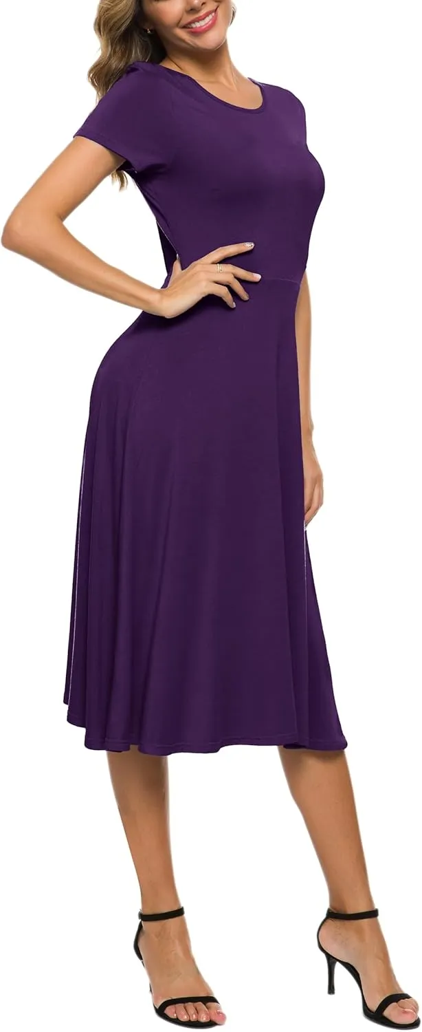Women's Casual Round Neck Short Sleeve Midi Dress Solid Stretchy Waist Knee Long Dress