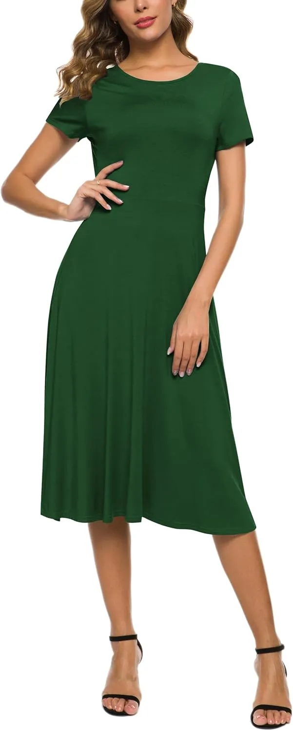 Women's Casual Round Neck Short Sleeve Midi Dress Solid Stretchy Waist Knee Long Dress