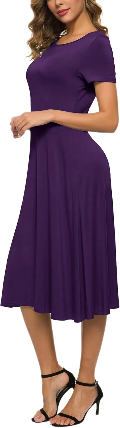 Women's Casual Round Neck Short Sleeve Midi Dress Solid Stretchy Waist Knee Long Dress