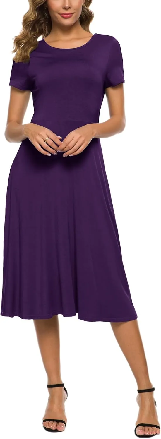 Women's Casual Round Neck Short Sleeve Midi Dress Solid Stretchy Waist Knee Long Dress