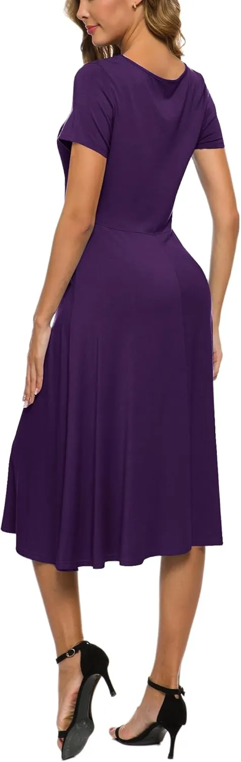 Women's Casual Round Neck Short Sleeve Midi Dress Solid Stretchy Waist Knee Long Dress