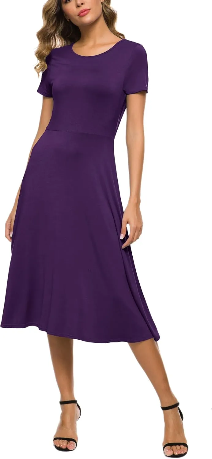 Women's Casual Round Neck Short Sleeve Midi Dress Solid Stretchy Waist Knee Long Dress