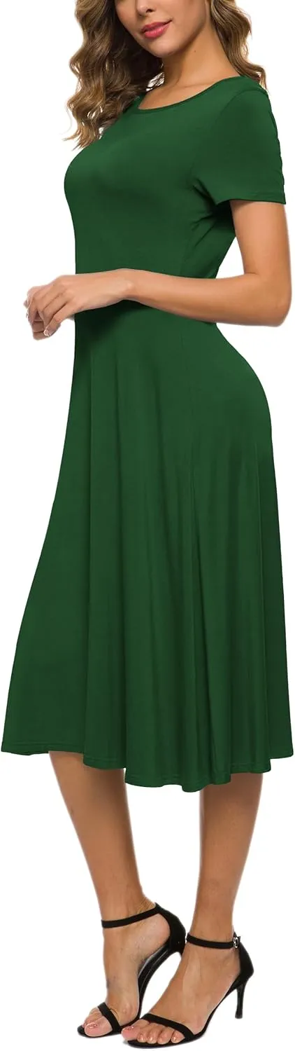 Women's Casual Round Neck Short Sleeve Midi Dress Solid Stretchy Waist Knee Long Dress