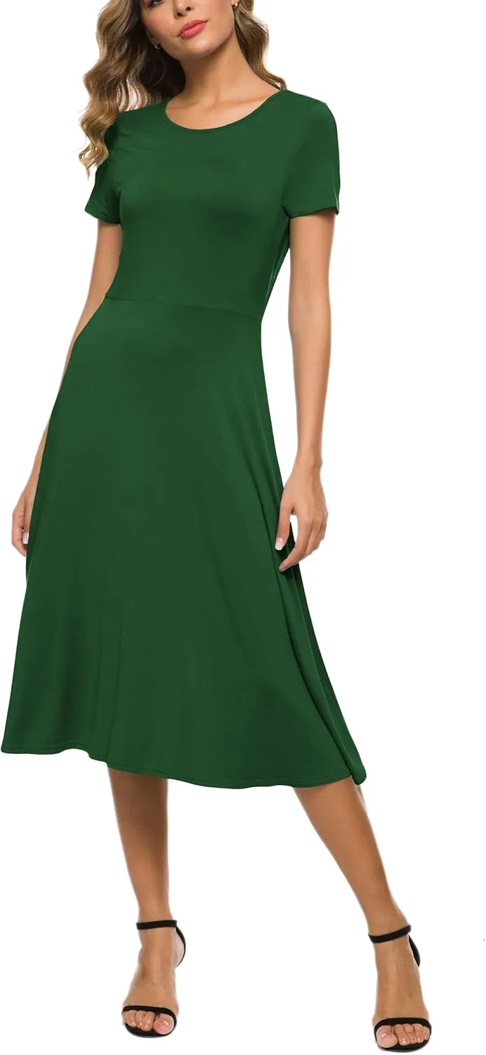 Women's Casual Round Neck Short Sleeve Midi Dress Solid Stretchy Waist Knee Long Dress