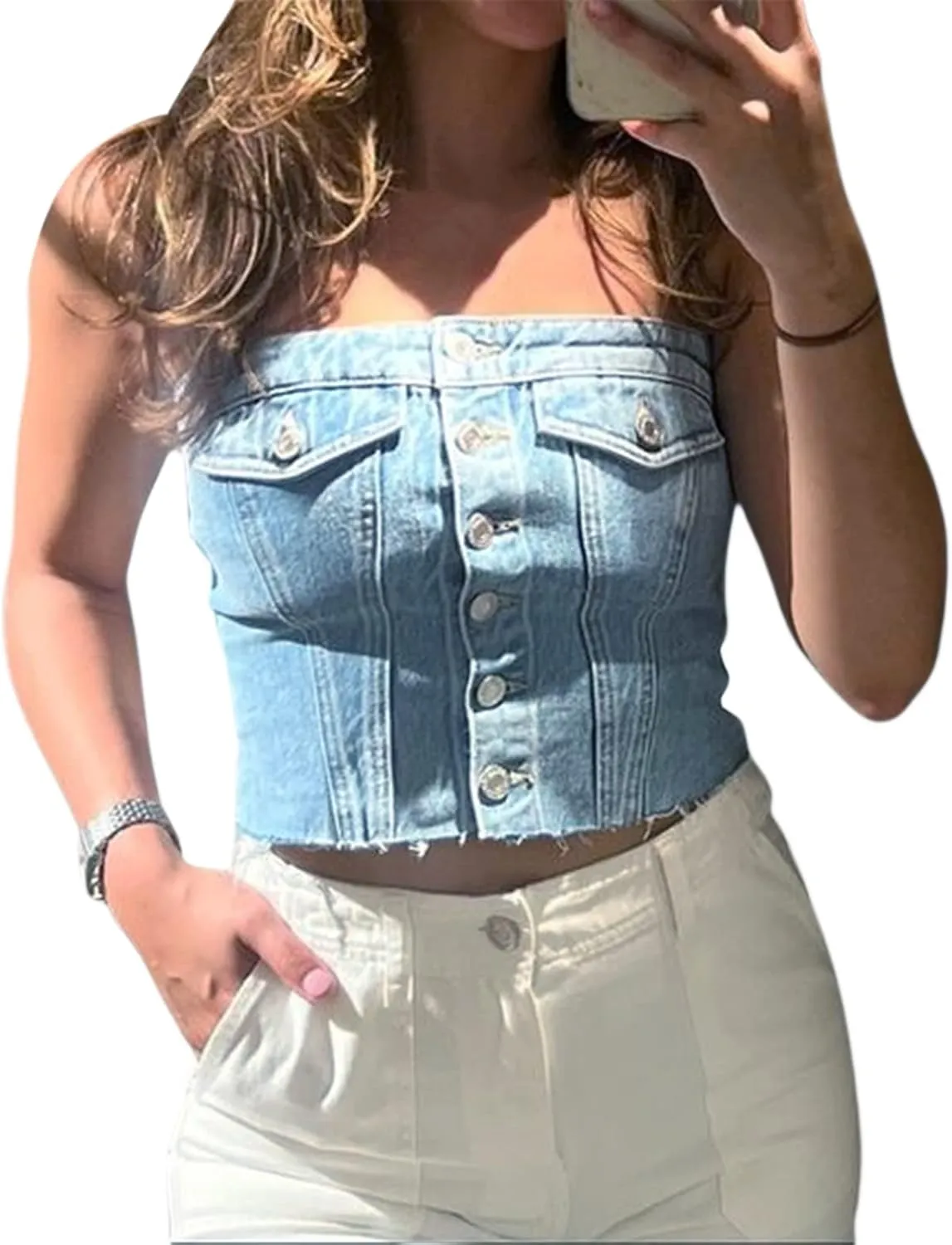 Women's Denim Strapless Crop Top Backless Sleeveless Bandeau Bustier Tops Jeans Corset Top Y2K Aesthetic Tube Tops