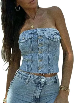 Women's Denim Strapless Crop Top Backless Sleeveless Bandeau Bustier Tops Jeans Corset Top Y2K Aesthetic Tube Tops