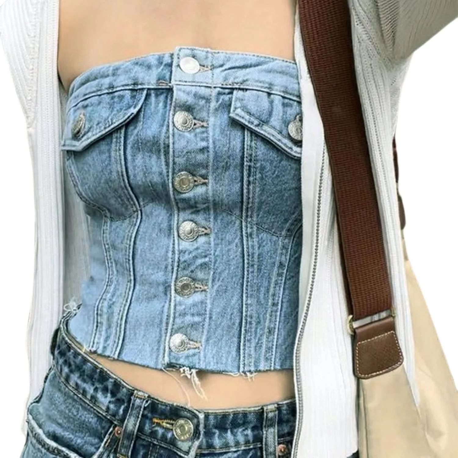 Women's Denim Strapless Crop Top Backless Sleeveless Bandeau Bustier Tops Jeans Corset Top Y2K Aesthetic Tube Tops