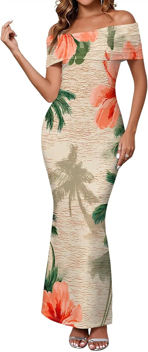 Women's Floral Maxi Dress 2025 Summer Off The Shoulder Ruched Bodycon Fitted Long Elegant Cocktail Party Dresses