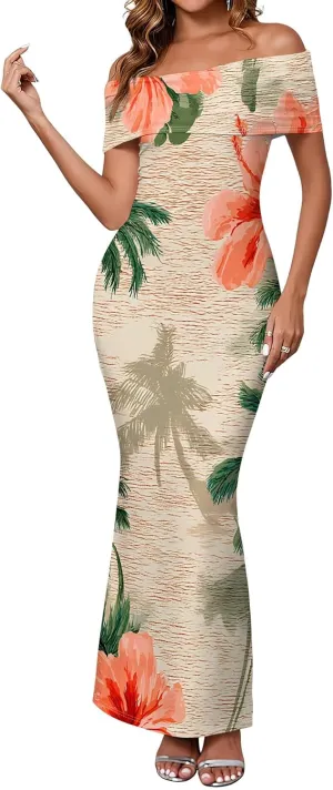 Women's Floral Maxi Dress 2025 Summer Off The Shoulder Ruched Bodycon Fitted Long Elegant Cocktail Party Dresses